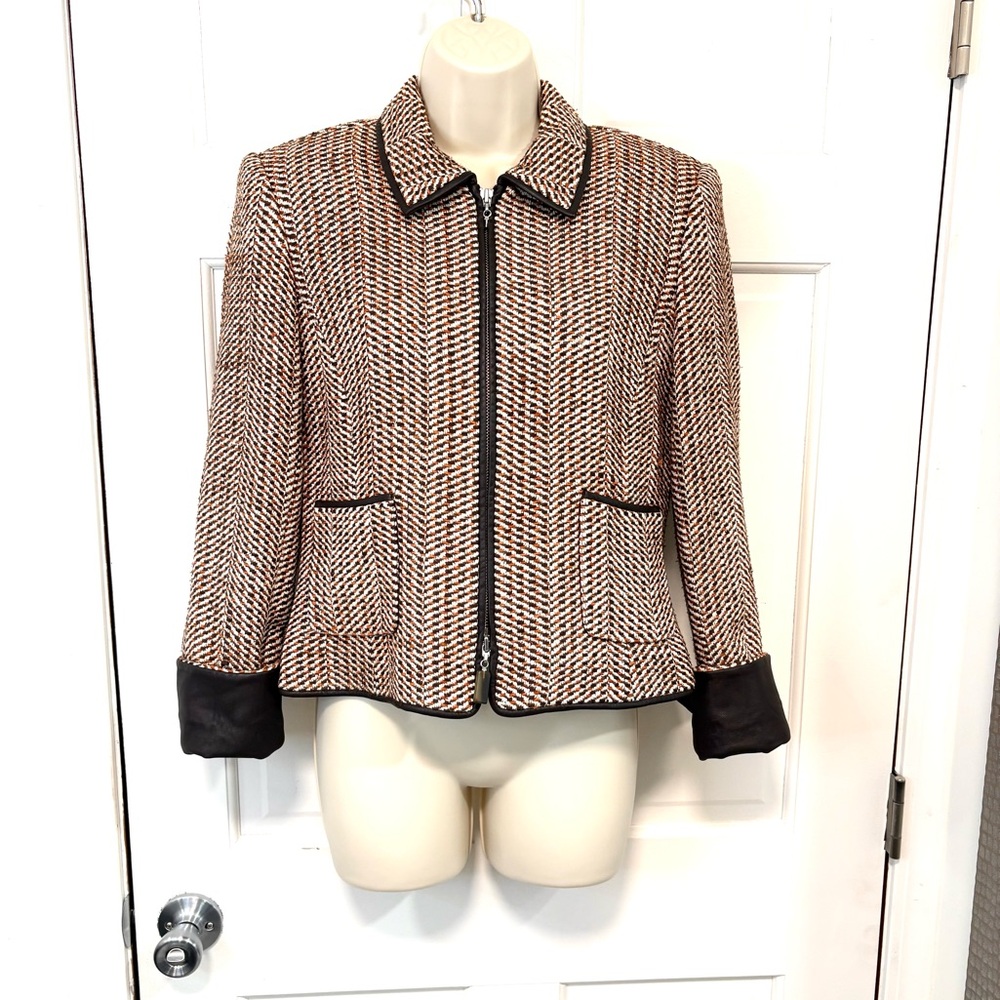 Doncaster Silk Blend Tweed Blazer‎ Jacket Brown Leather Trim Herringbone Zip Up